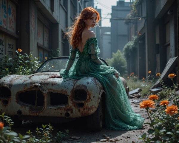 Woman in Green Dress on Abandoned Car with Wildflowers