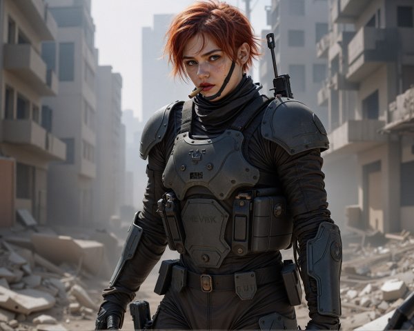 Fierce Character in Futuristic Tactical Armor in Ruins