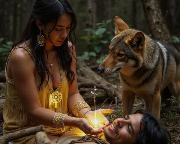Woman in Golden Dress with Wolf in Forest Setting