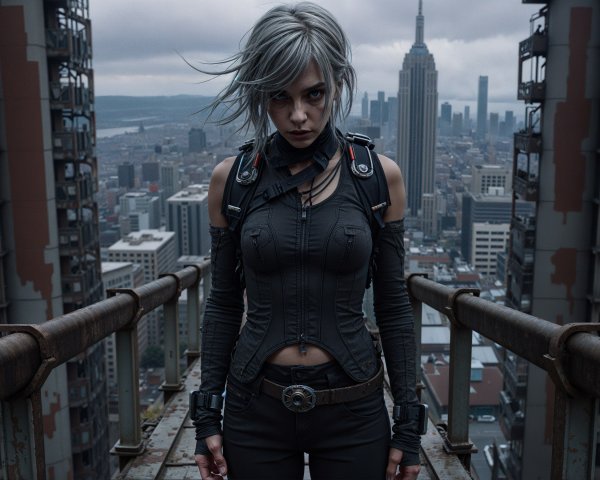 Fierce Woman on Rooftop with Urban Skyline View