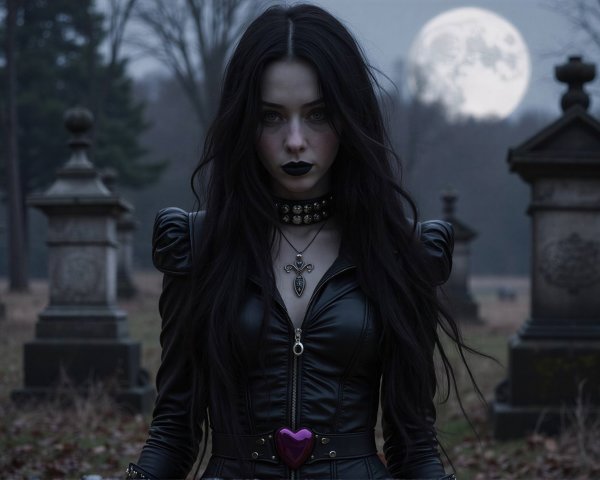Gothic Woman in Cemetery with Dark Attire and Accessories