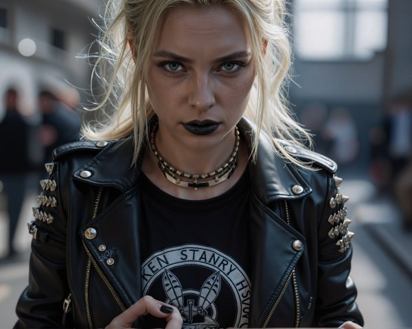 Fierce Young Woman in Studded Jacket and Bold Makeup