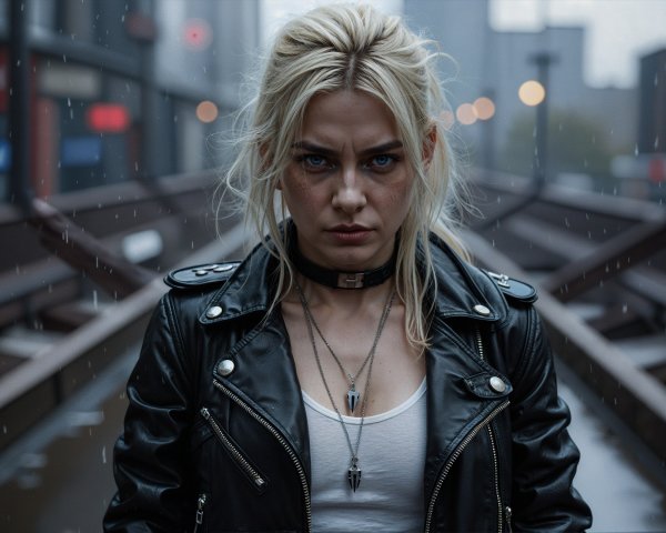 Confident Young Woman in Rain with Urban Backdrop