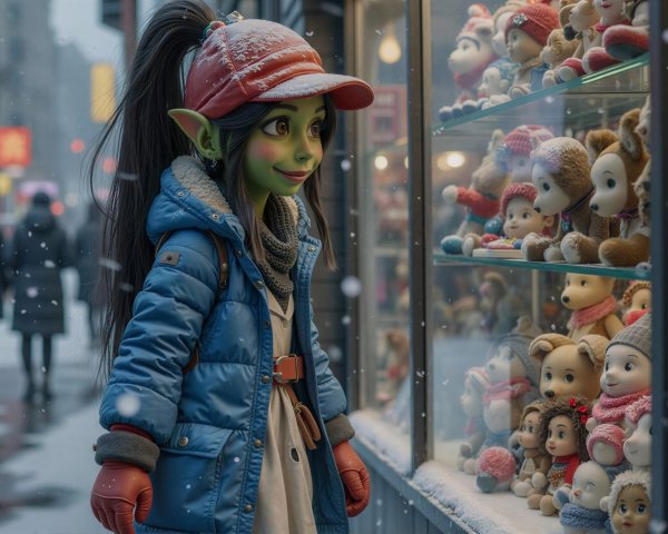 Colorful Cartoon Elf in Front of Stuffed Animal Display