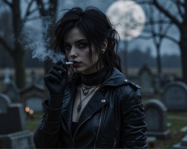 Goth Woman in Cemetery with Dark Aesthetic Features