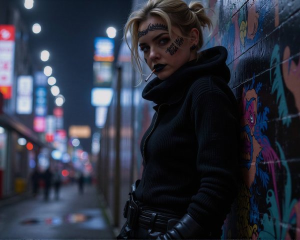 Blonde Woman with Face Tattoos in Urban Night Scene