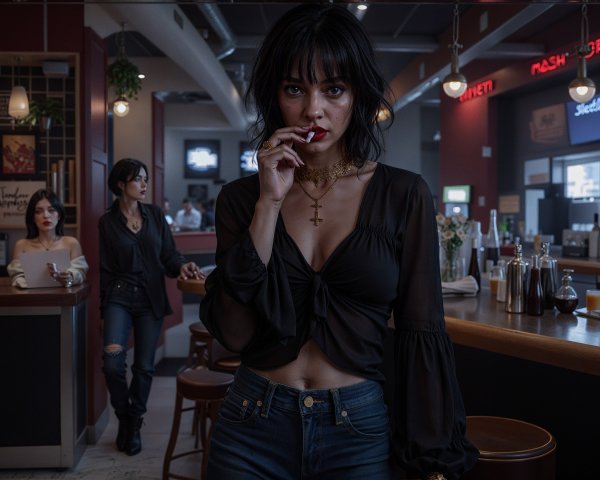 Stylish Bar Scene with Confident Woman and Atmosphere
