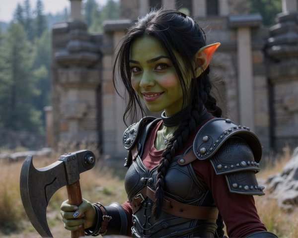 Close-up of a smiling warrior with green skin and axe