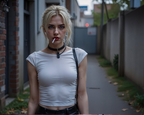 Young Woman in Alley with Crop Top and High-Waisted Pants