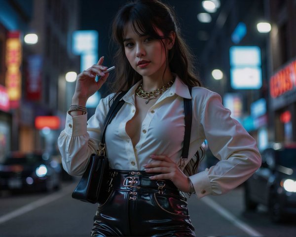 Young woman in stylish outfit on blurred neon street