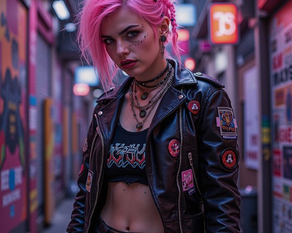 Young person in neon-lit alley with bold fashion