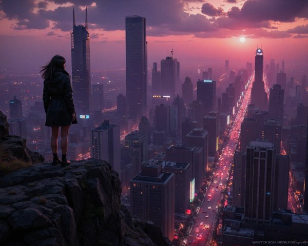 Silhouette on Rocky Ledge Overlooking City at Dusk
