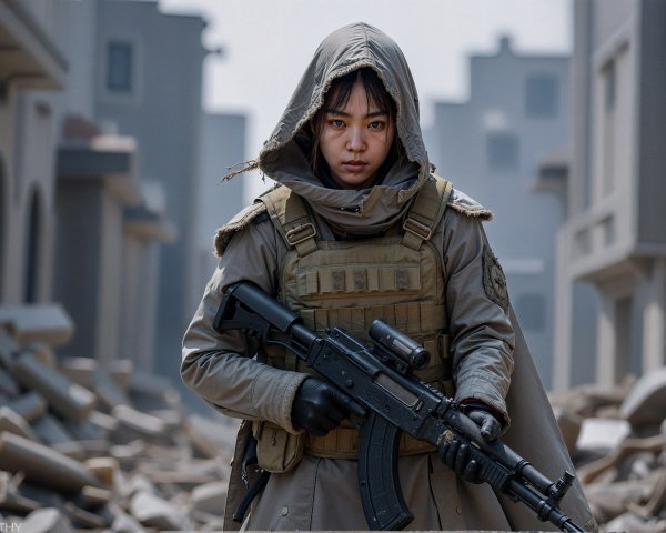 Young Woman in Tactical Gear in War-Torn Urban Setting