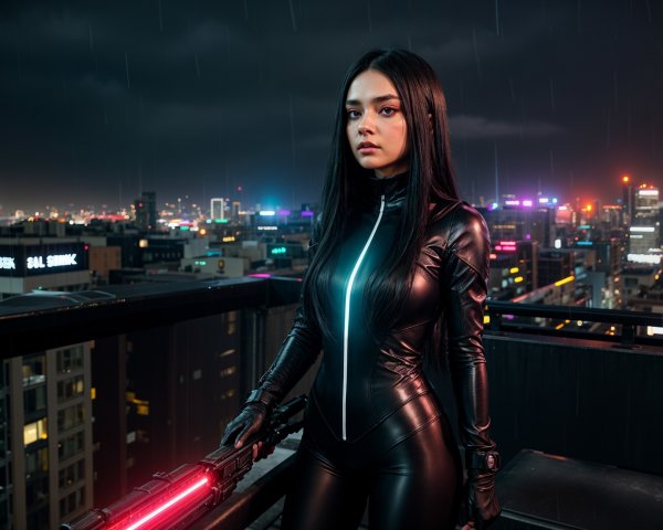 Futuristic woman in black suit on city rooftop at night