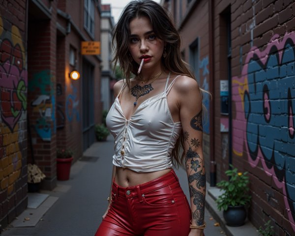 Young Woman in Alleyway with Graffiti and Tattoos