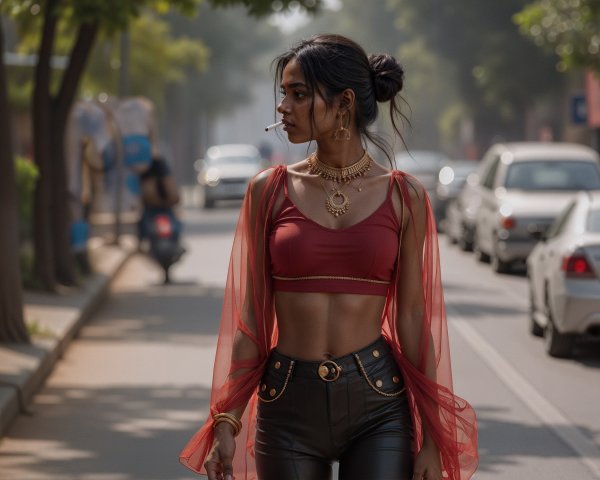 Young woman in sheer red top and leather pants on street