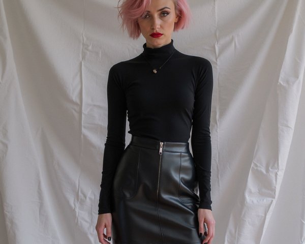 Confident Individual in Black Turtleneck and Mini Skirt