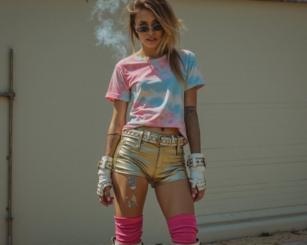 Stylish Young Woman in Tie-Dye Shirt and Gold Shorts