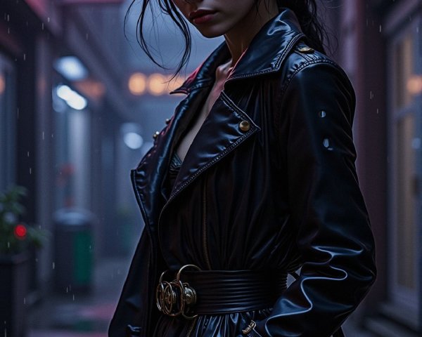 Young woman with pointed ears in neon-lit alleyway