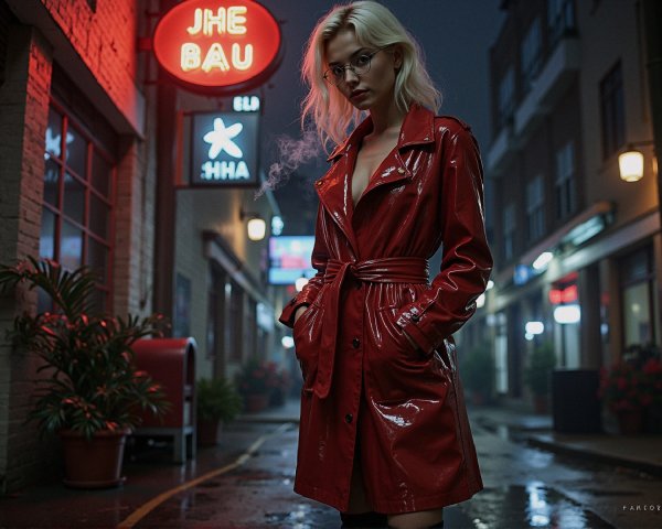 Stylish figure in red trench coat in neon-lit alley