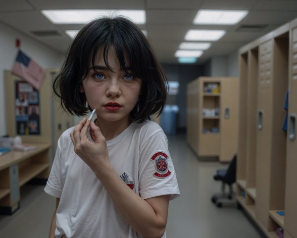 Young girl in school hallway with lockers and curiosity