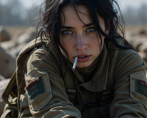 Young woman in military attire on rocky terrain