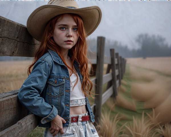 Young girl in denim jacket by foggy field fence