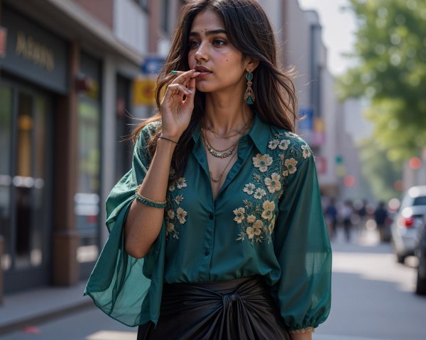 Fashionable Young Woman in City with Floral Blouse