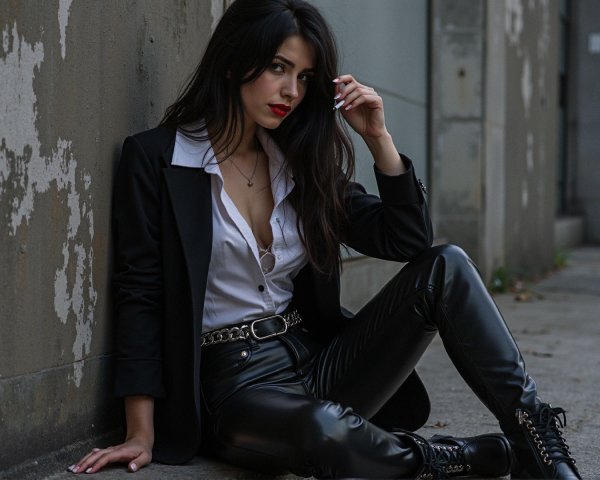 Stylish Young Woman in Black Blazer Against Wall