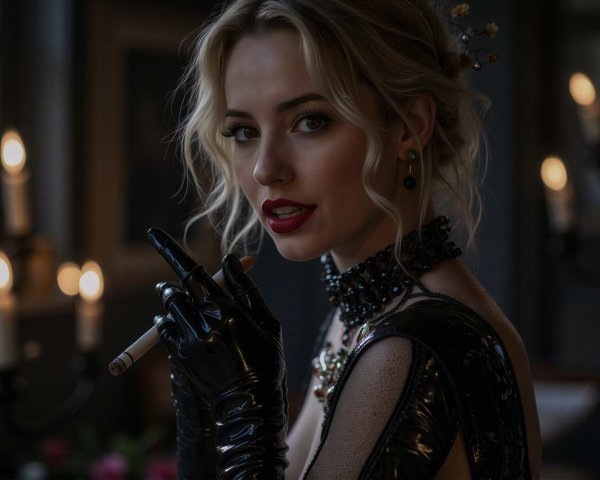 Woman with blonde hair and cat-eye makeup holding cigarette