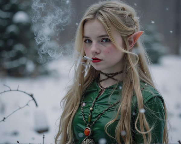 Young Blonde Elf in Green Outfit with Cigarette Smoke