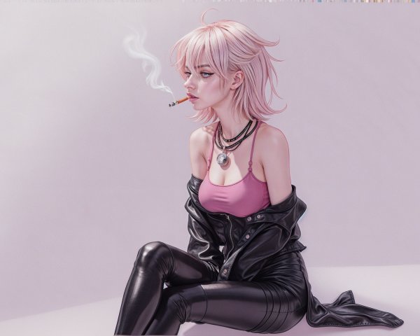 Stylish character with pink hair and leather pants