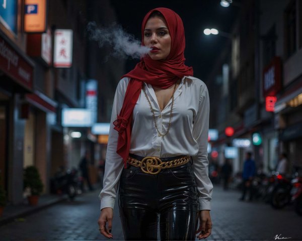 Woman in red hijab exhaling smoke on dim street