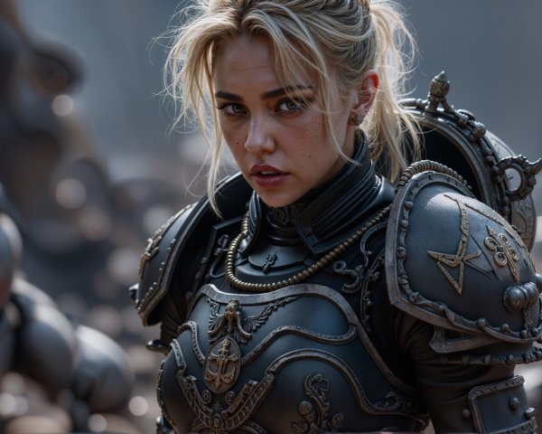 Fierce warrior in ornate black armor on battlefield