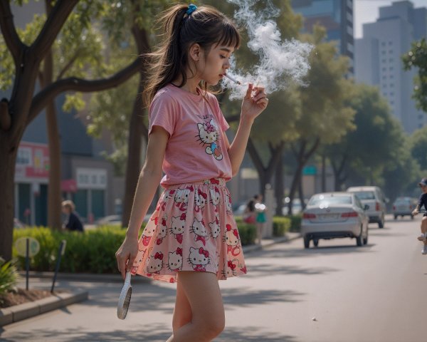 Young Girl in Pink Outfit on Busy Urban Street