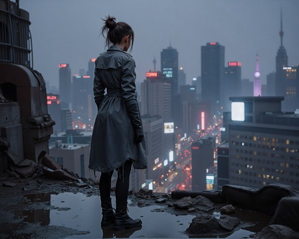 Rooftop Figure Overlooking Twilight Urban Landscape