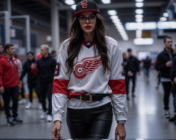Young Woman in Vintage Hockey Jersey at Arena