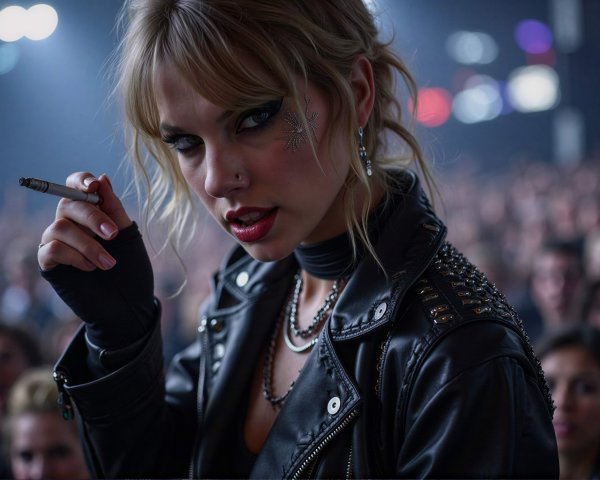 Blonde woman in leather jacket with dramatic makeup