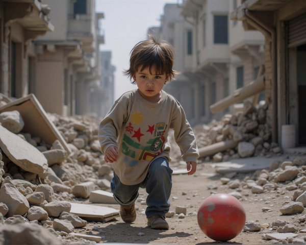 Child Running on a Rubble-Strewn Street with Ball