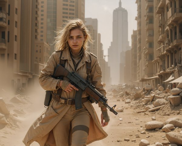 Female Soldier in a Ruined Urban Landscape