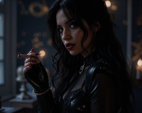 Woman in Black Outfit with Cigarette and Candlelight
