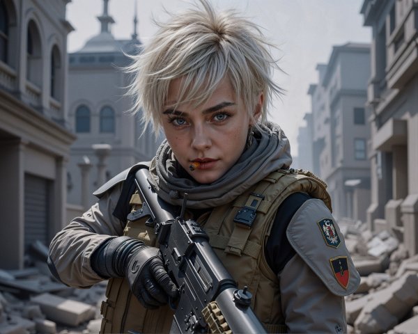 Young soldier in tactical gear in war-torn cityscape