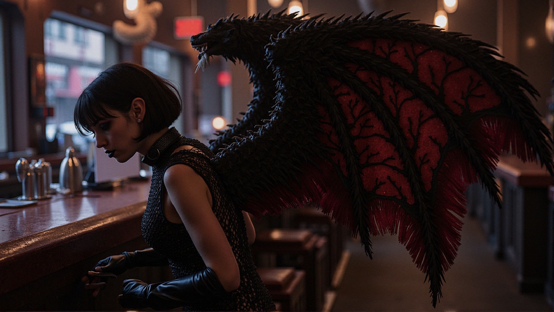 Lone Figure in Gothic Mesh Outfit at Dimly Lit Bar