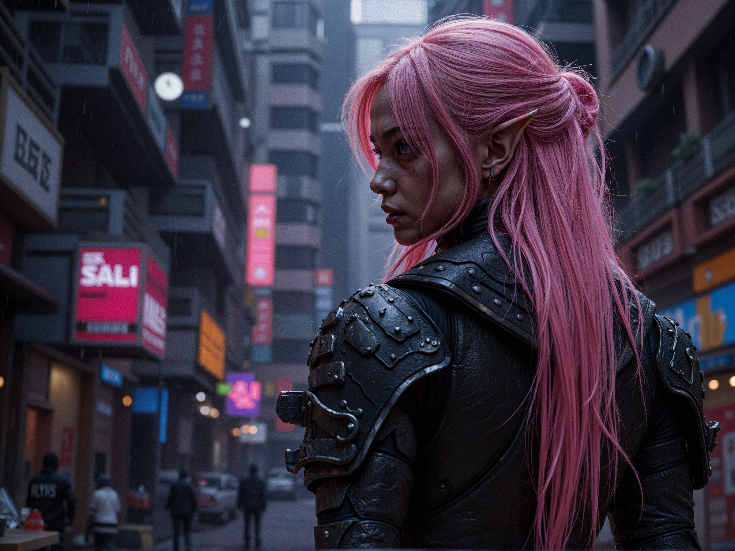 Character with Pink Hair in Neon Urban Setting
