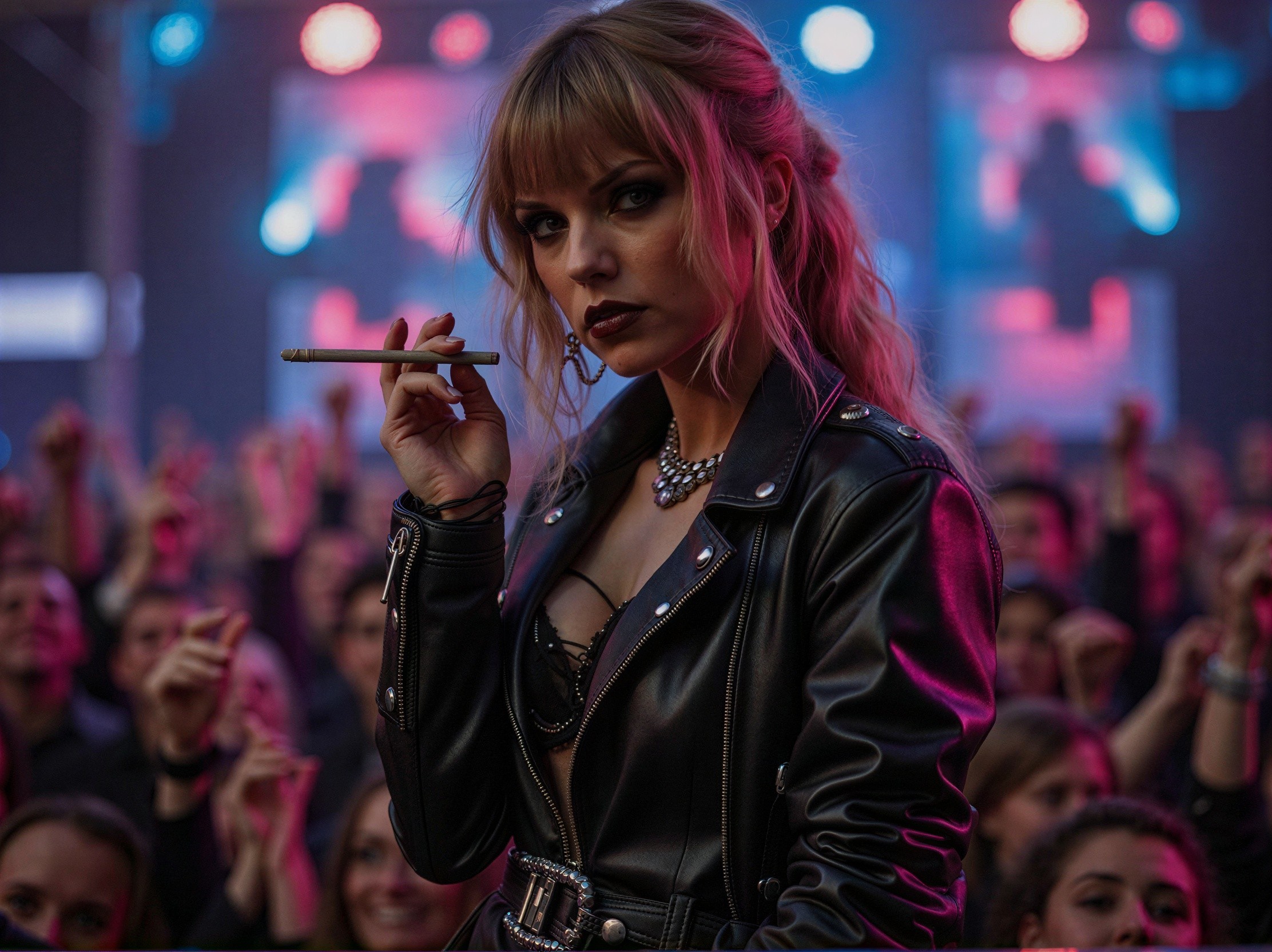 Blonde Bangs and Pink Hair at Concert with Cigar