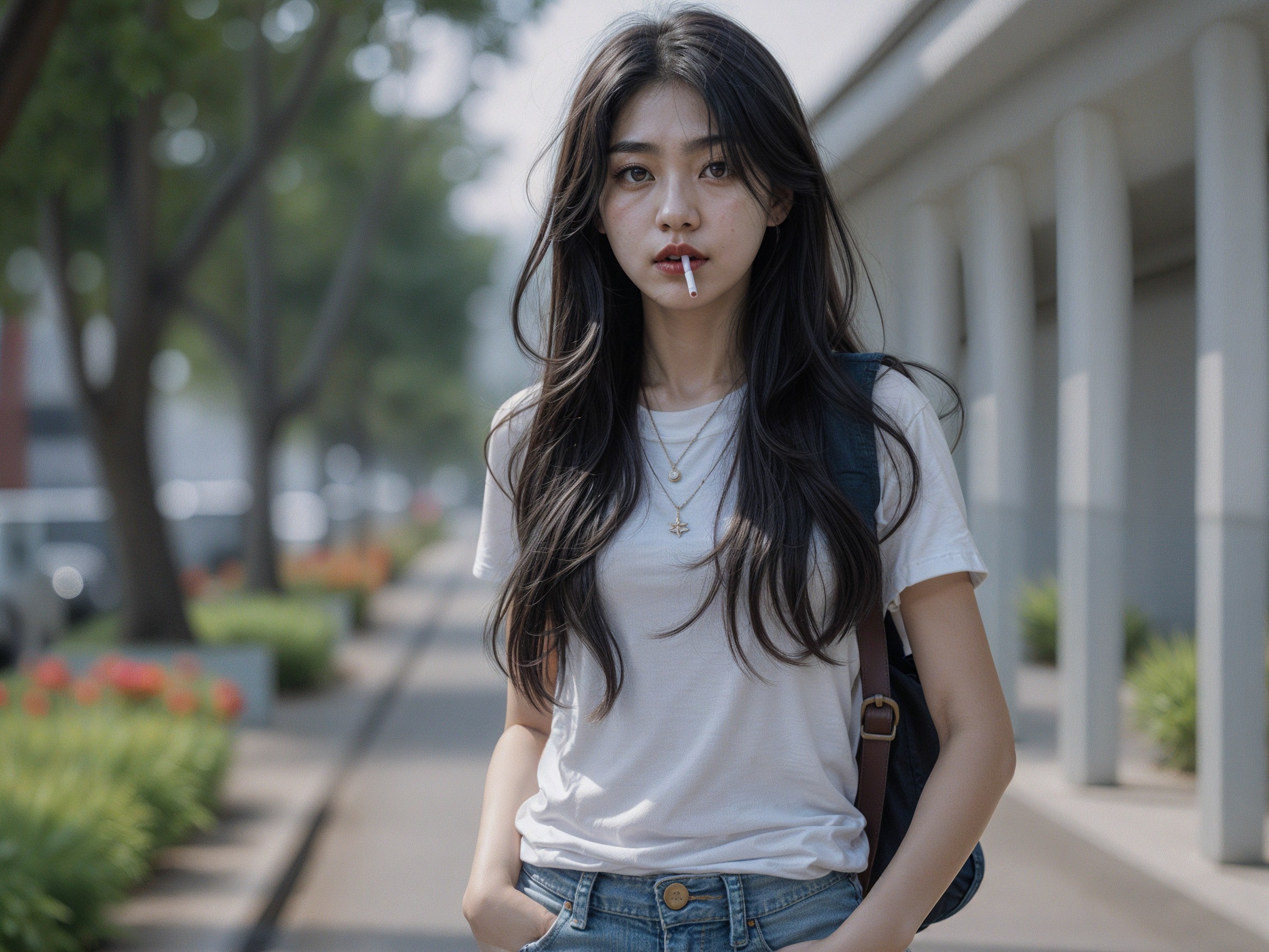 Young woman in casual attire on a sunny sidewalk