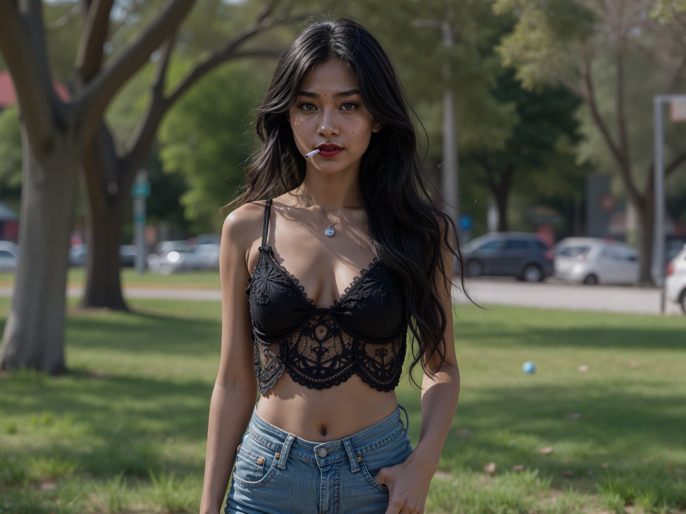 Young woman in park with lace bralette and denim shorts