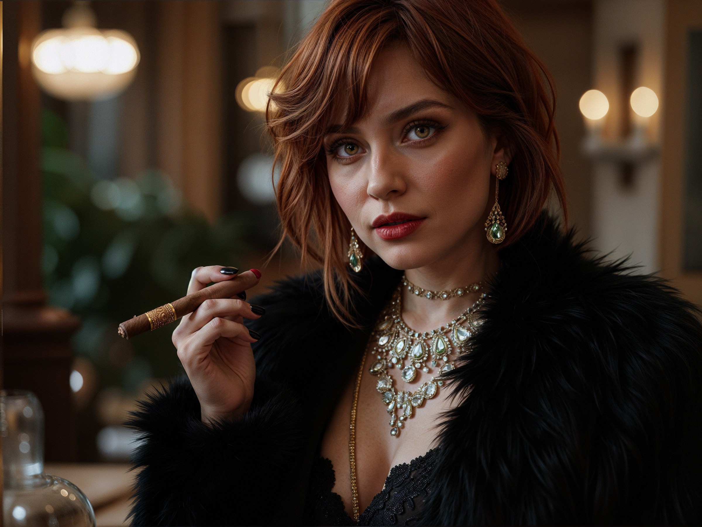 Sophisticated Woman with Cigar in Elegant Setting