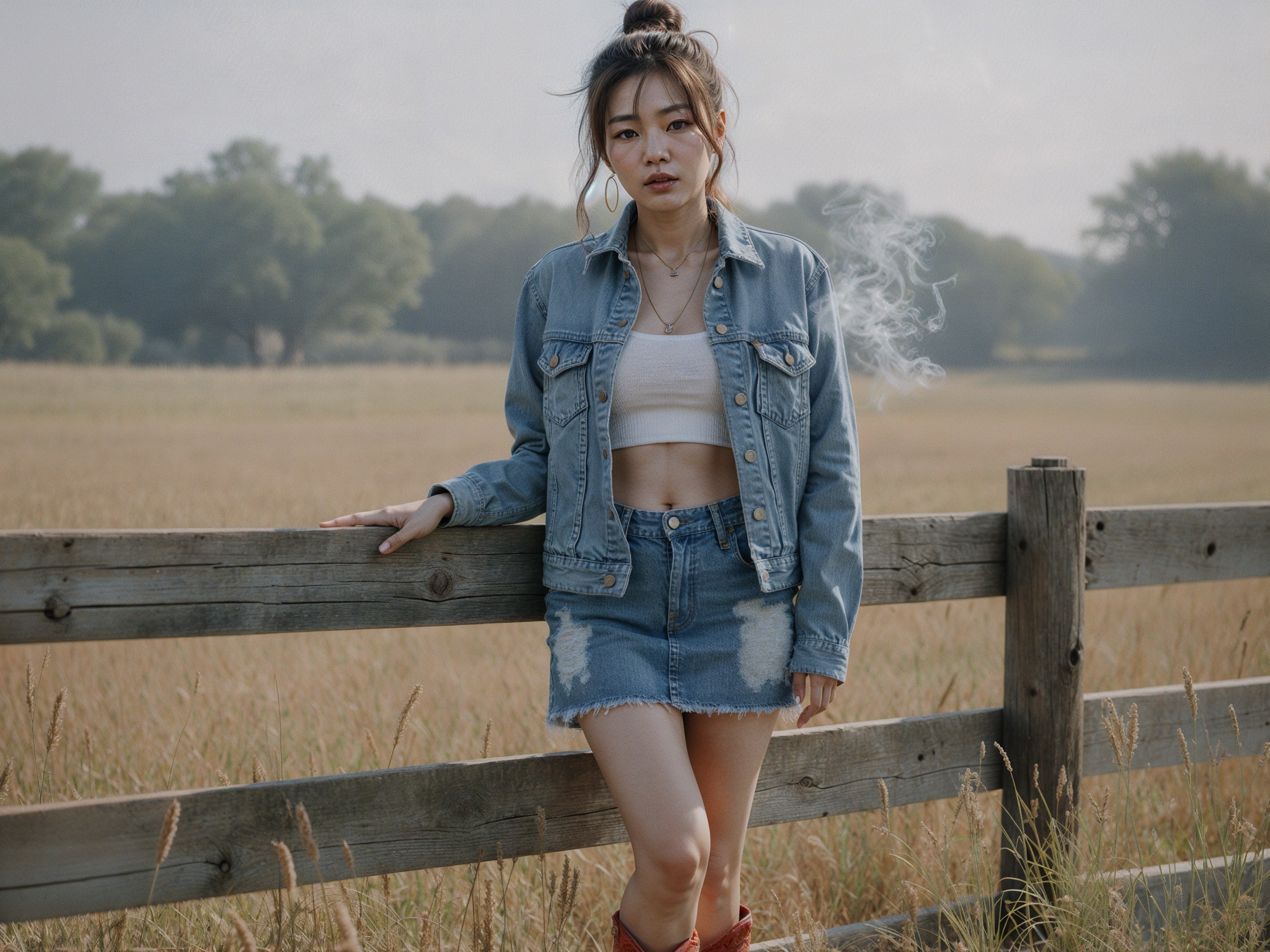 Young Woman in Casual Outfit by Wooden Fence