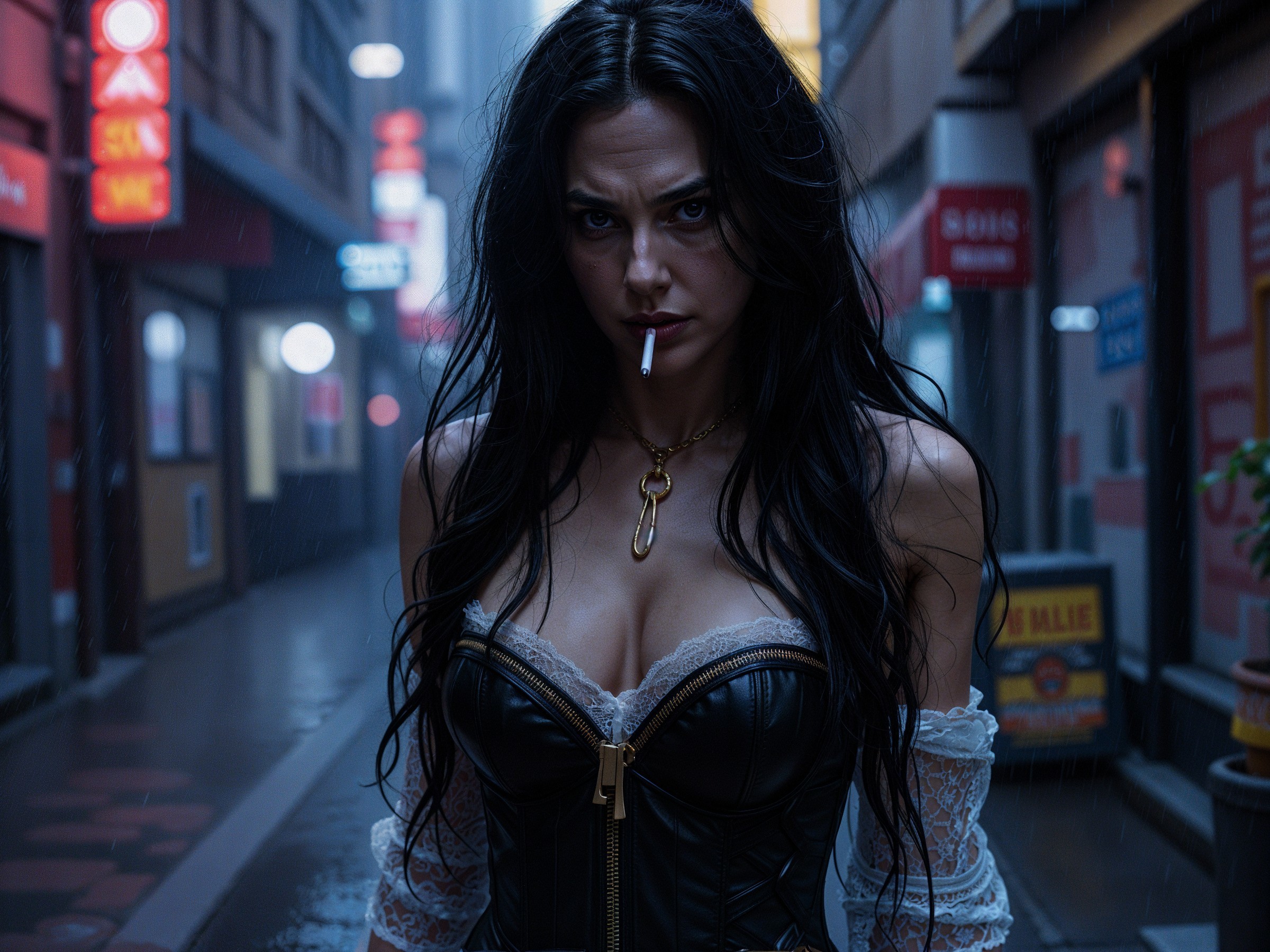 Confident Figure in Leather Corset in Urban Alley